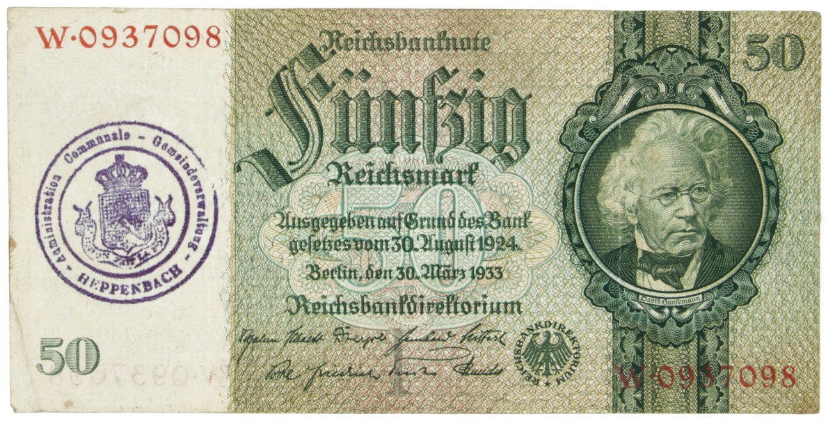 East-Belgium. 50 RM. Banknote. Type 1933. - Very fine.