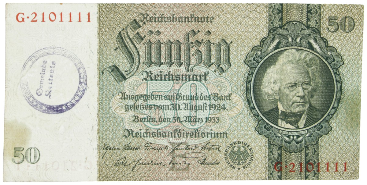 East-Belgium. 50 RM. Banknote. Type 1933. - Very fine.