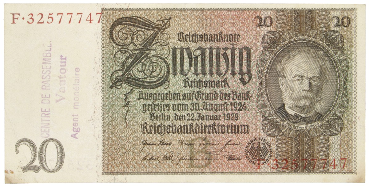 East-Belgium. 20 RM. Banknote. Type 1929. - Extremely fine.