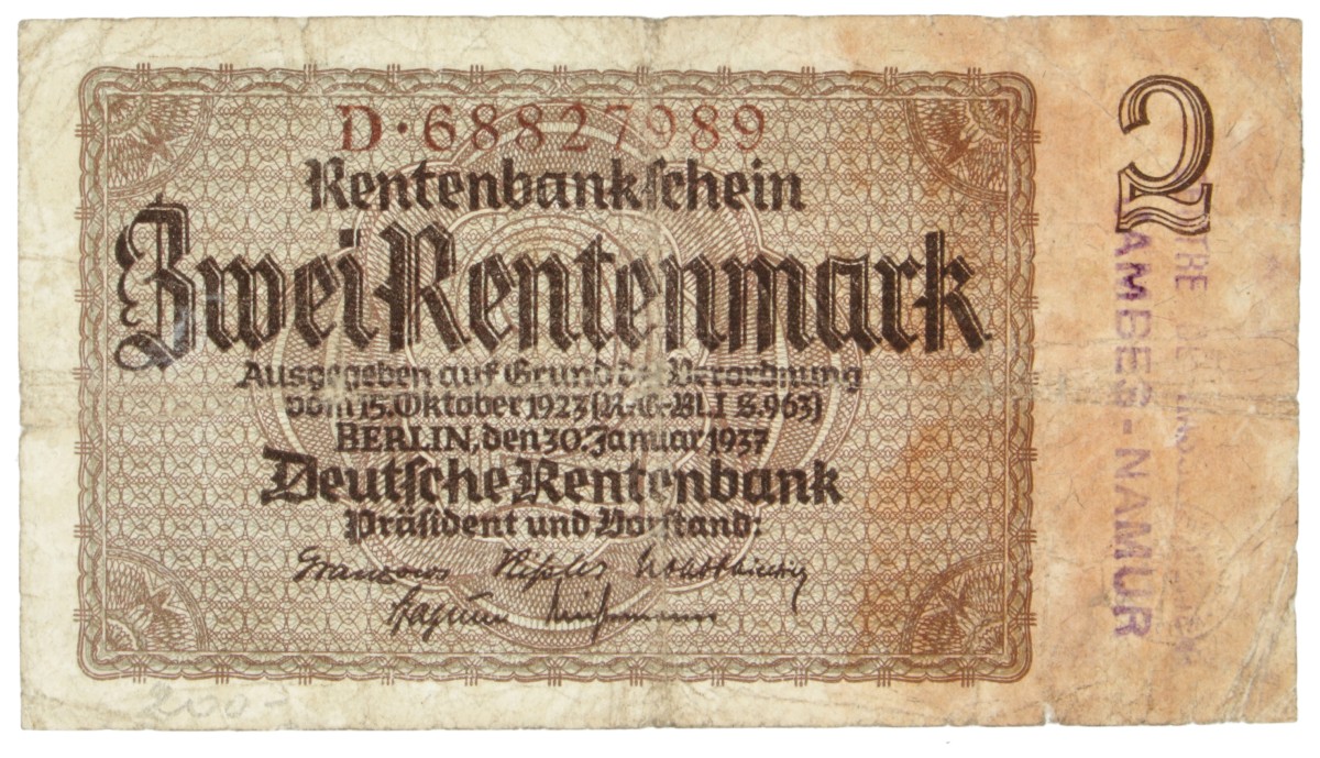 East-Belgium. 2 Rentenmark. Banknote. Type 1937. - Fine -.