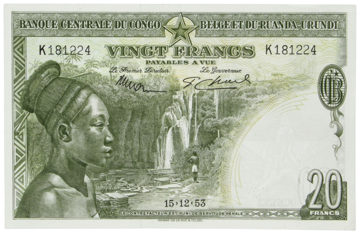 Belgian-Congo. 20 Frank. Banknote. Type 1953. - Extremely fine.