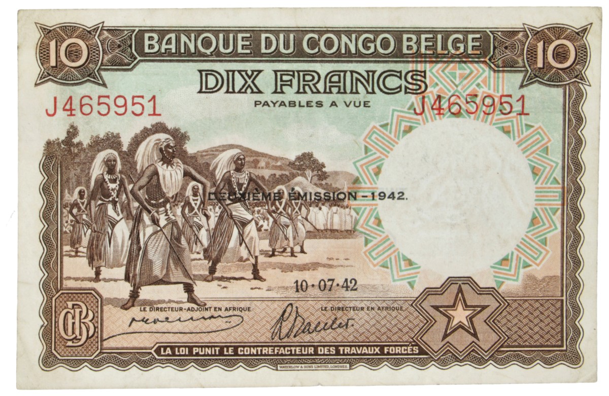 Belgian-Congo. 10 Francs. Banknote. Type 1942. - Extremely fine / UNC.