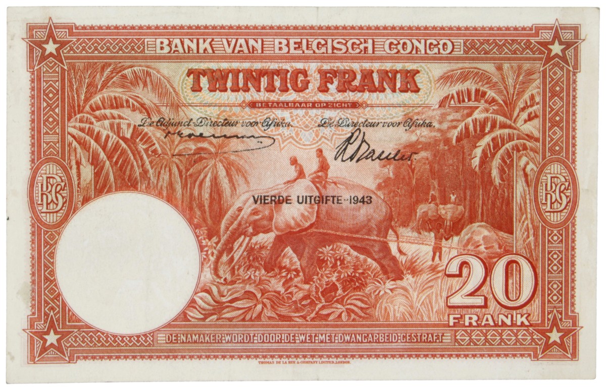 Belgian-Congo. 20 Frank. Banknote. Type 1943. - Extremely fine / UNC.