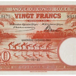 Belgian-Congo. 20 Frank. Banknote. Type 1943. - Extremely fine / UNC.