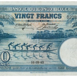 Belgian-Congo. 20 Frank. Banknote. Type 1940. - Extremely fine.