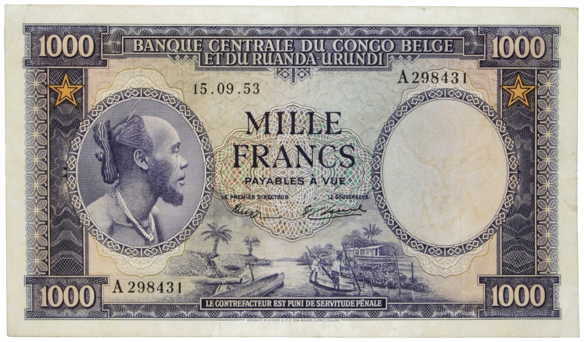 Belgian-Congo. 1000 Francs. Banknote. Type 1953. - Very fine +.