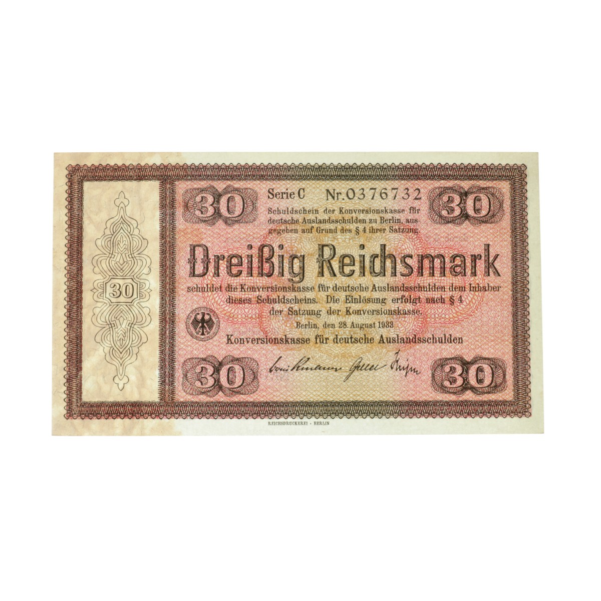 Germany. 30 RM. Banknote. Type 1933. Type Konversionskasse. - About UNC.