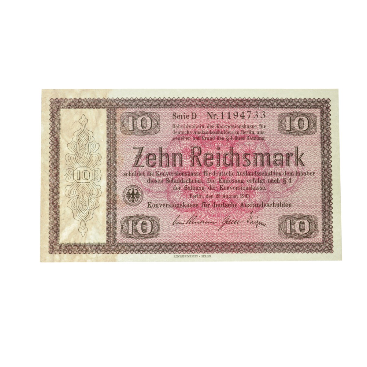 Germany. 10 RM. Banknote. Type 1933. Type Konversionskasse. - About UNC.