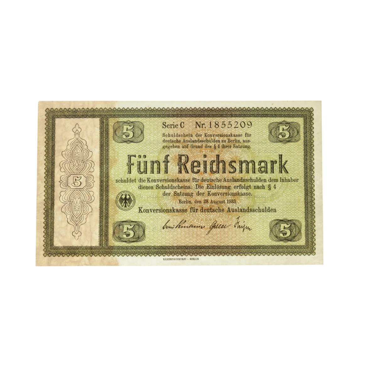 Germany. 5 RM. Banknote. Type 1933. Type Konversionskasse. - About UNC.