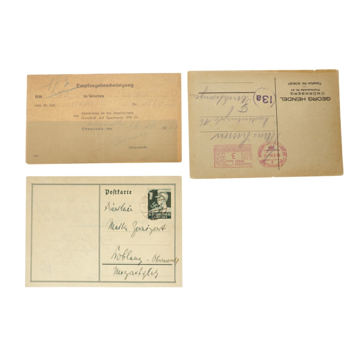 Germany. Lot Receipt - Empfangsbescheinigung, 50 RM Postkarte. Postkarte. Type 1943. Type Nürnberg. - Extremely fine.