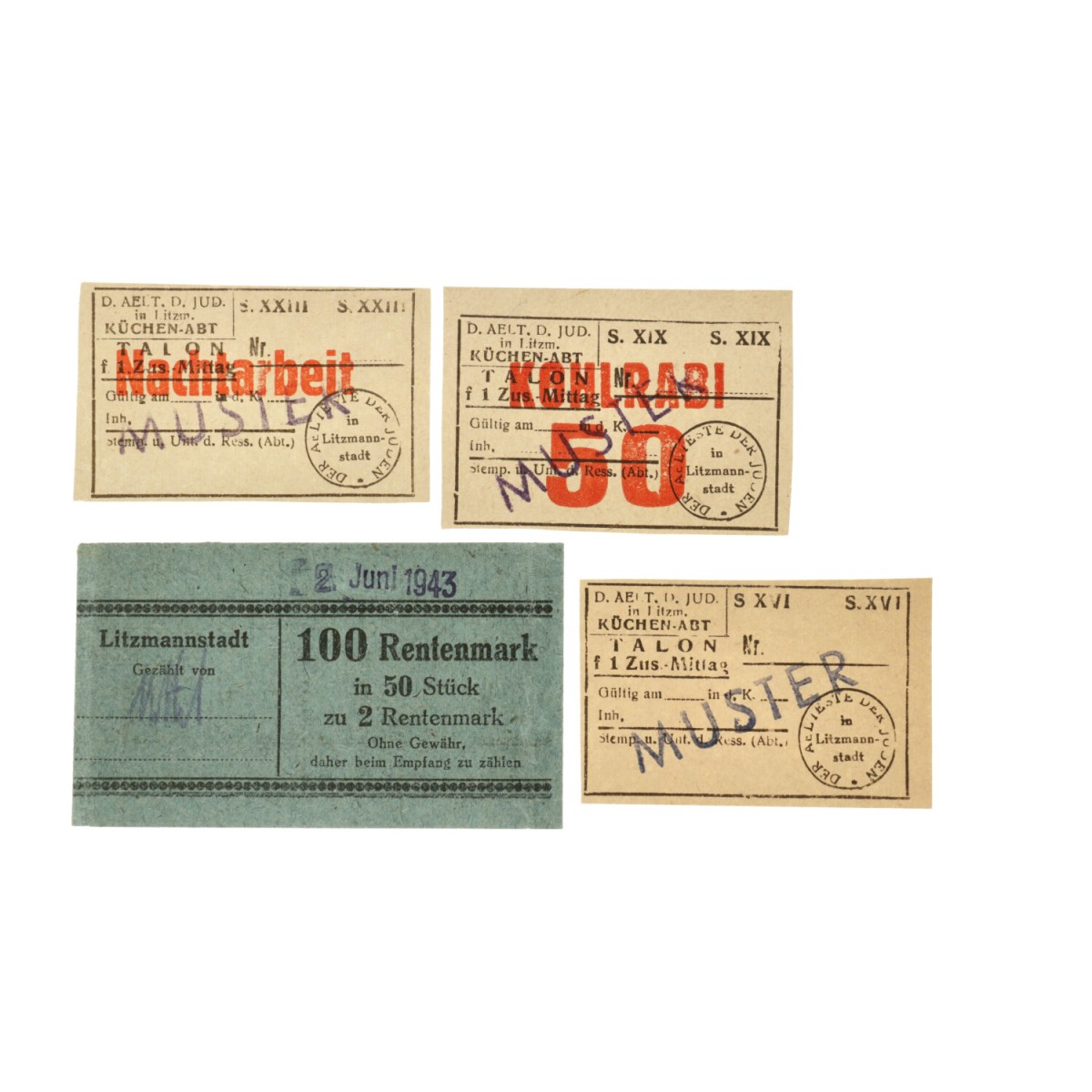 Poland. Lot (3) chit for 1 additional lunch and band for 50 banknotes of 2 Rentenmark. Banknote. Type 1943. Type Litzmannstadt. - Extremely fine / UNC.