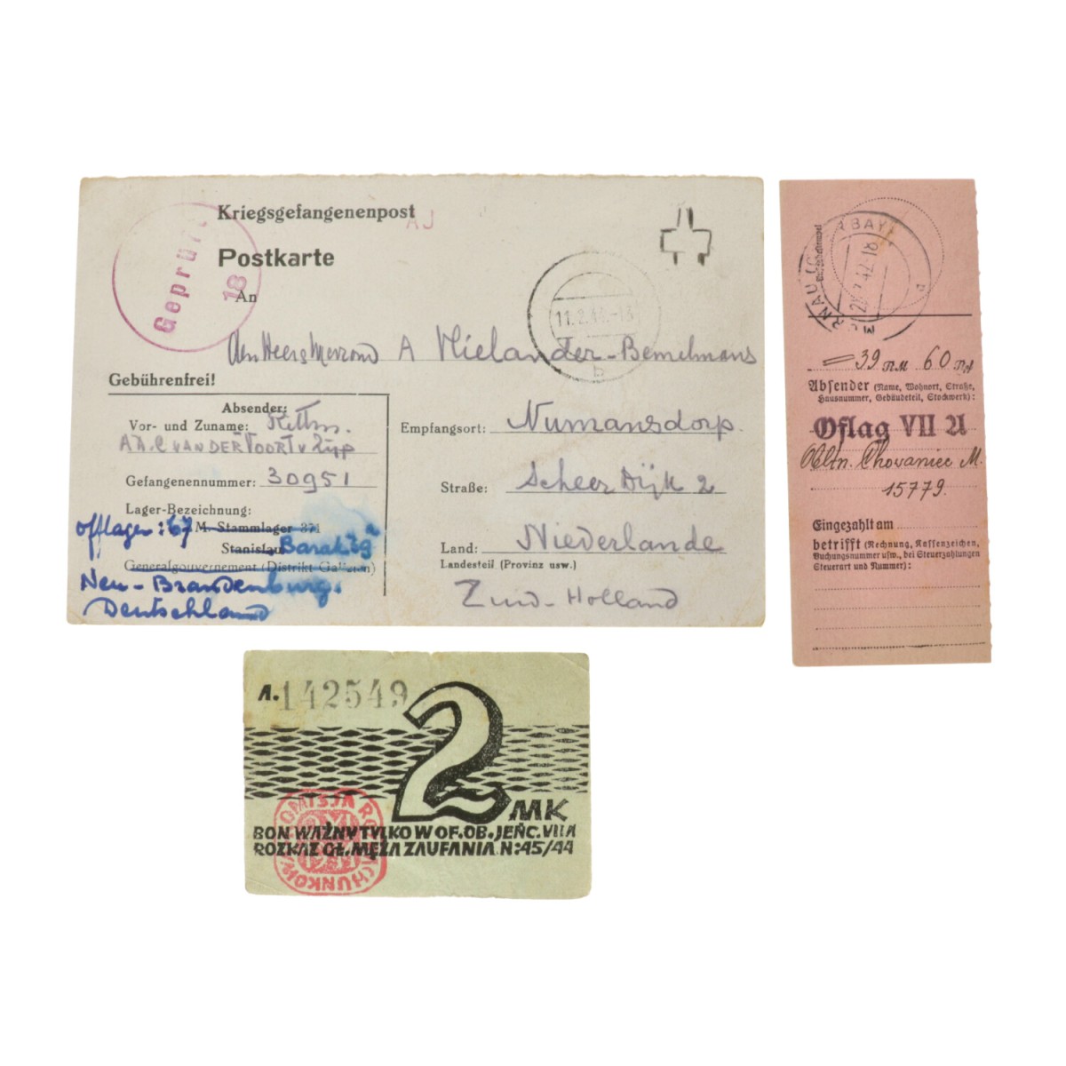 Germany. Lot 2 Mark, Receipt of 39,60 Reichsmark and Postkarte - Kriegsgefangenenpost. Banknote. Type Murnau. - Fine – UNC.