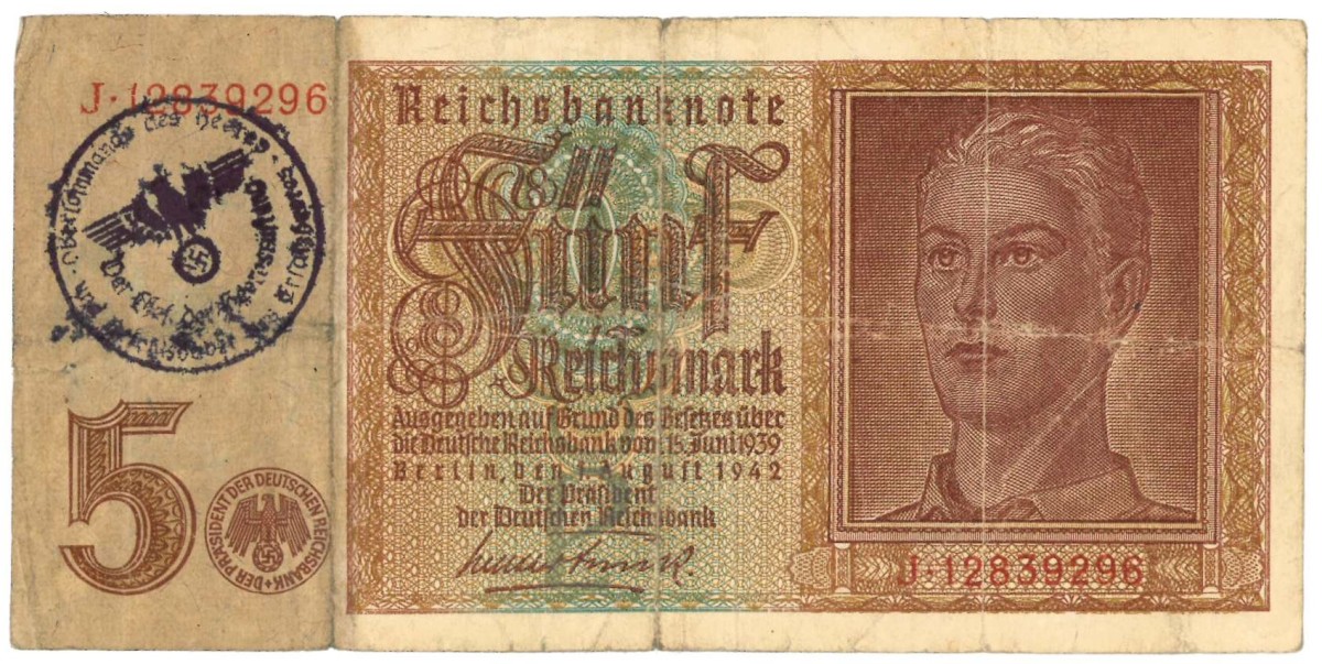 East-Belgium. 5 Reichsmark. Banknote. Type 1941. - Fine.