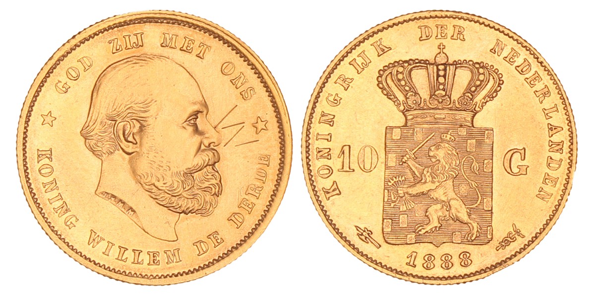 10 gulden goud. Willem III. 1888. Prachtig -.