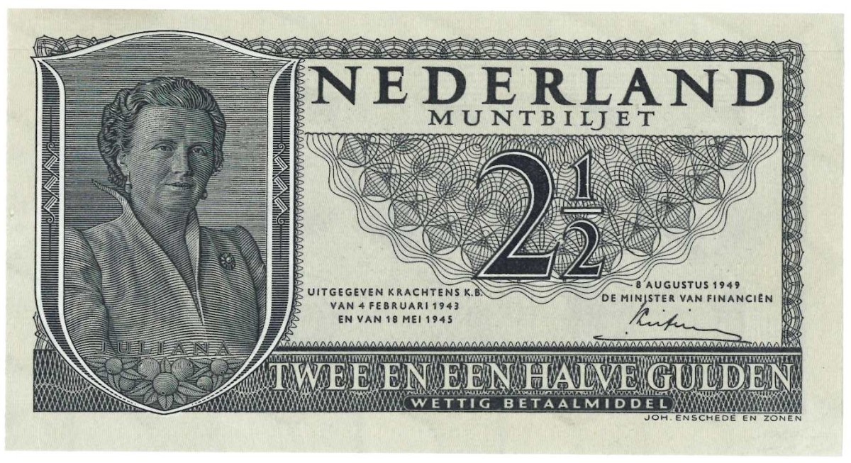 Nederland. 2½ Gulden. Muntbiljet. Type 1949. Type Juliana. - Nagenoeg UNC.