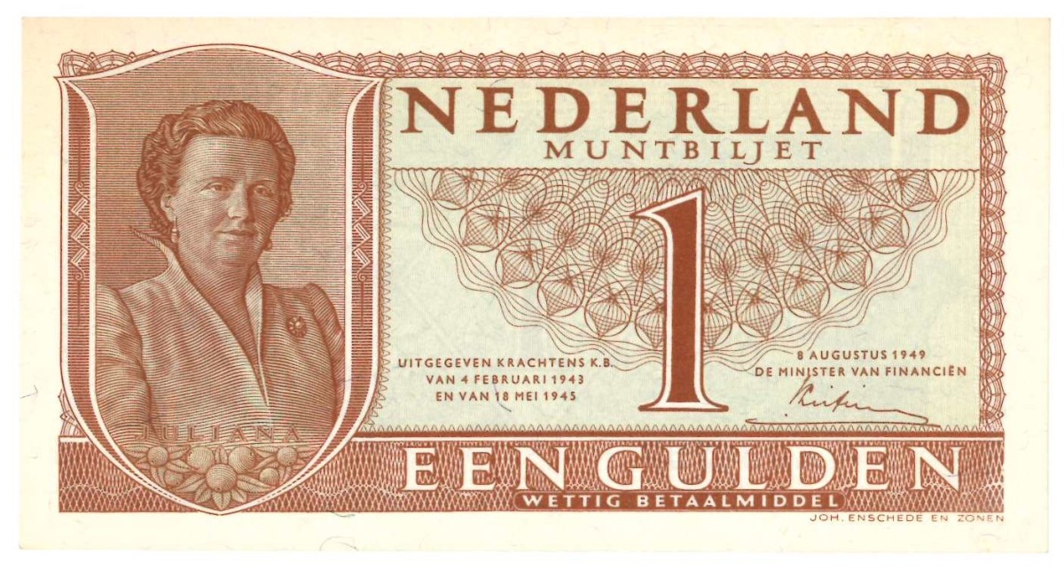 Nederland. 1 Gulden. Muntbiljet. Type 1949. Type Juliana. - UNC.