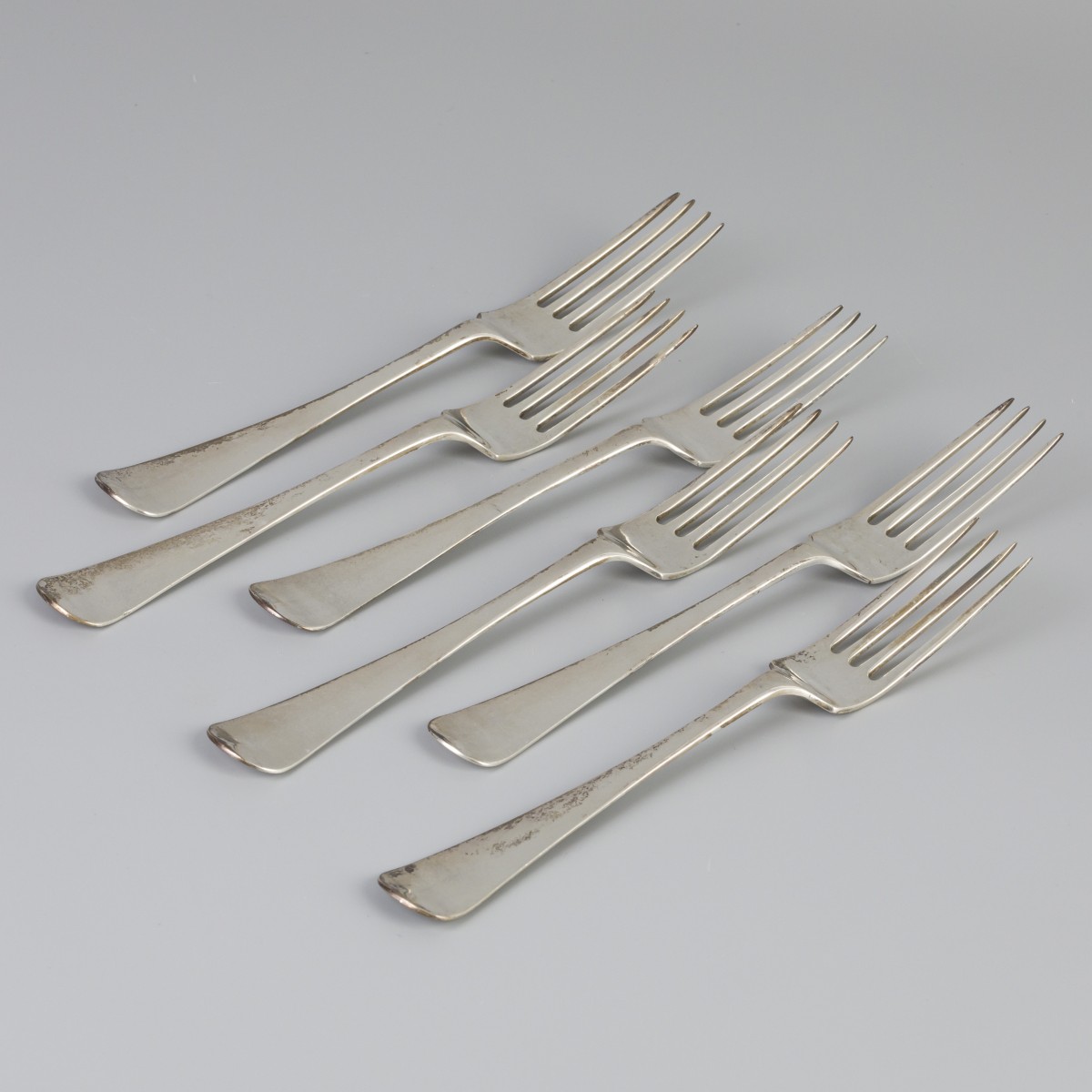 6-delige set dinervorken "Haags lofje" zilver.