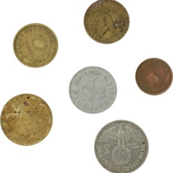 Europe. Lot (6) Mostly German coins. Around 1940s.