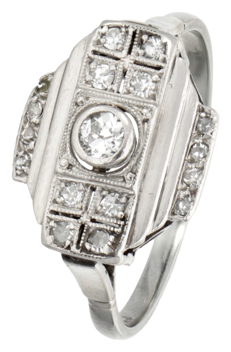 18 kt. Witgouden art deco ring bezet met ca. 0.24 ct. diamant.