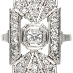 Platina ajour art deco ring bezet met ca. 0.93 ct. diamant.