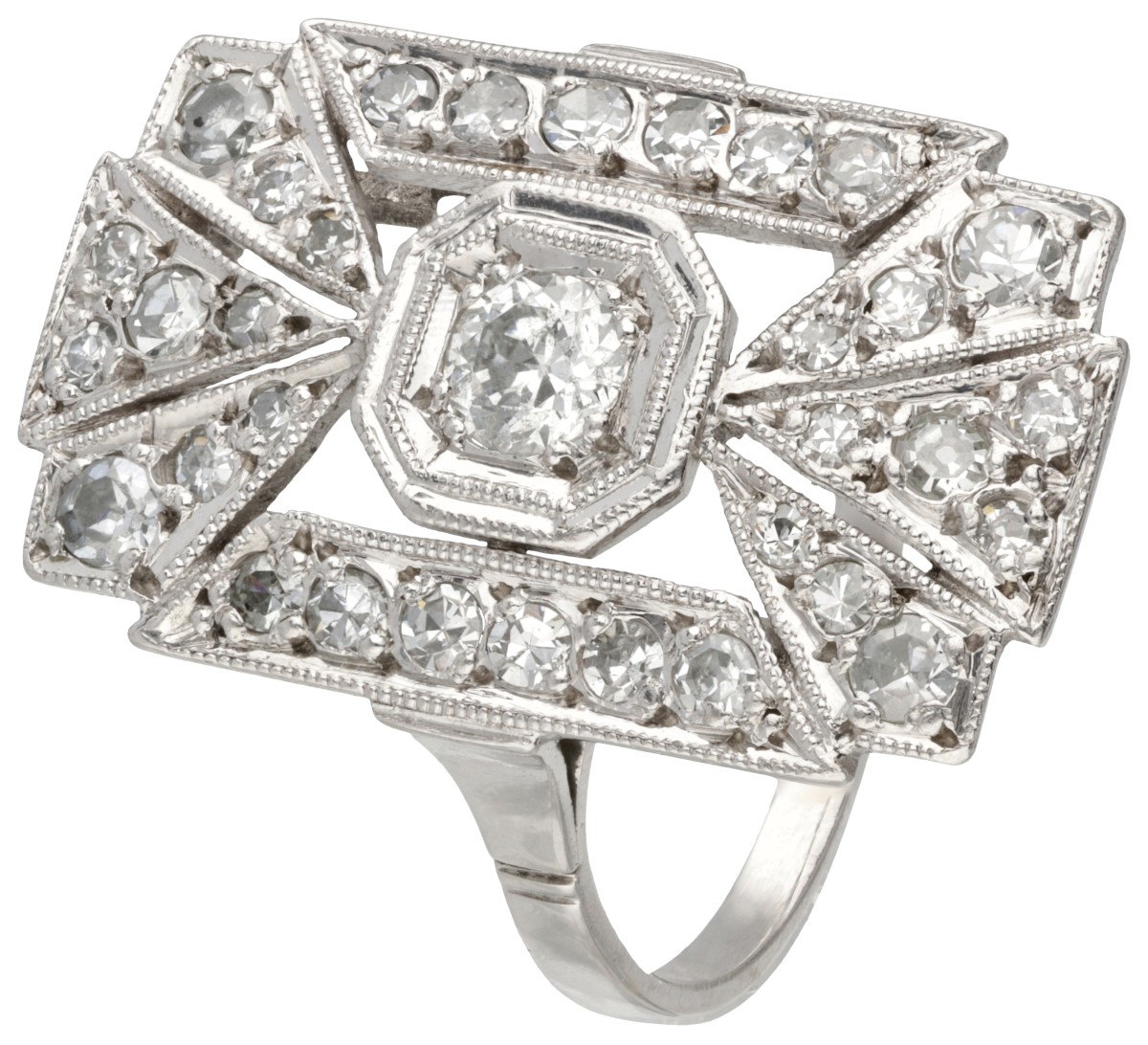 Platina ajour art deco ring bezet met ca. 0.93 ct. diamant.