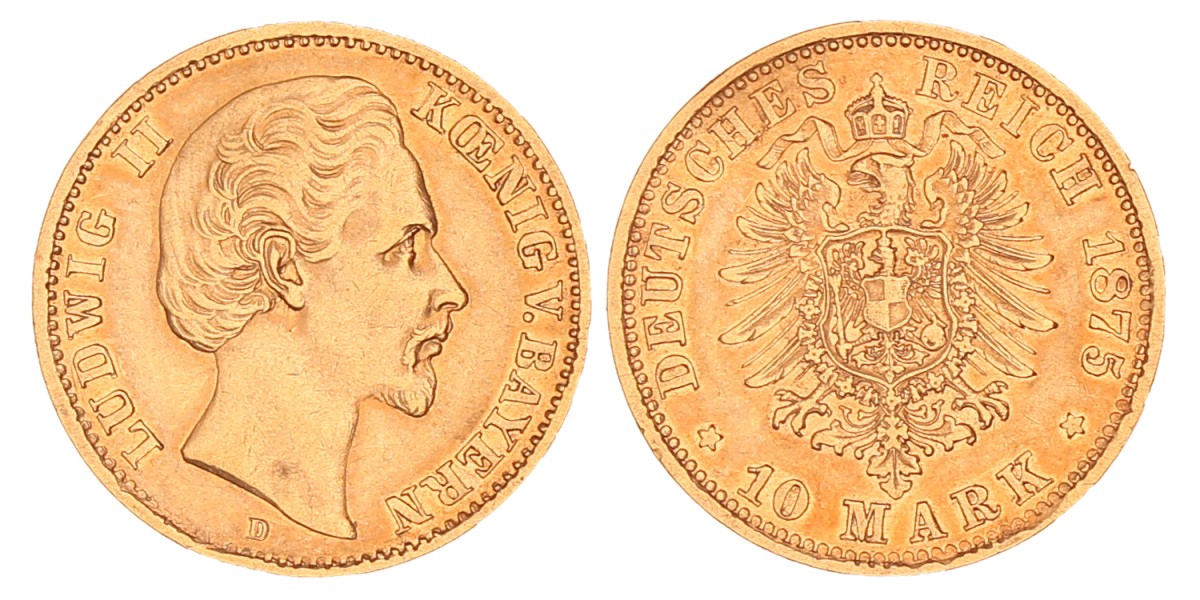 German states. Bavaria. Ludwig II. 10 Mark. 1875 D.