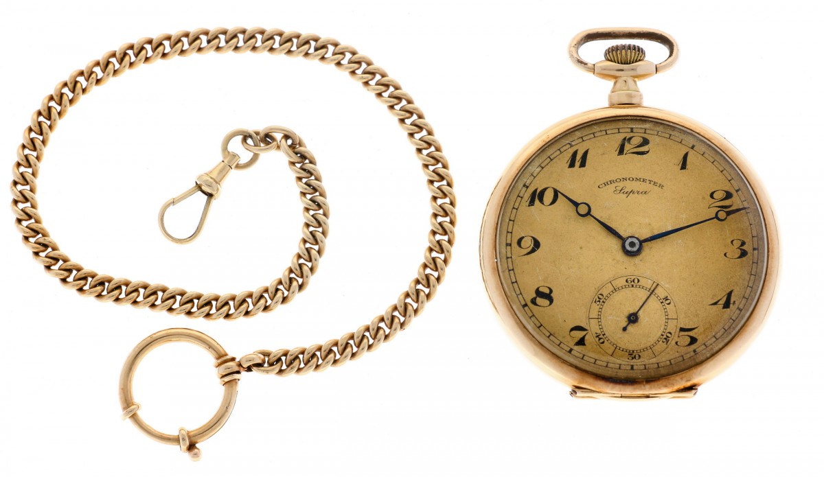 Chronometer Supra - Zakhorloge goud met ketting - ca. 1915.