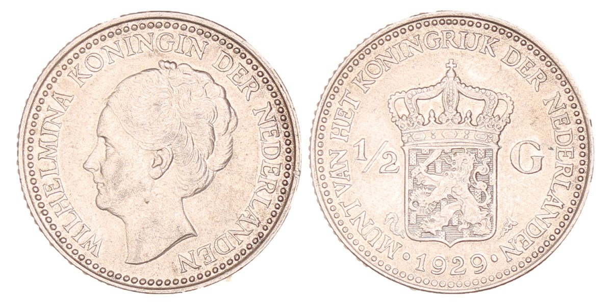 ½ Gulden. Wilhelmina. 1929 Parels onder G. Prachtig -.