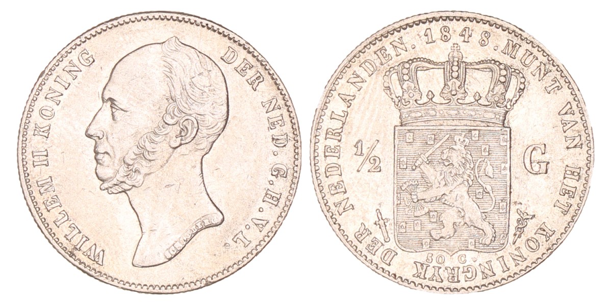 ½ Gulden. Willem II. 1848/4_. Zeer Fraai / Prachtig.