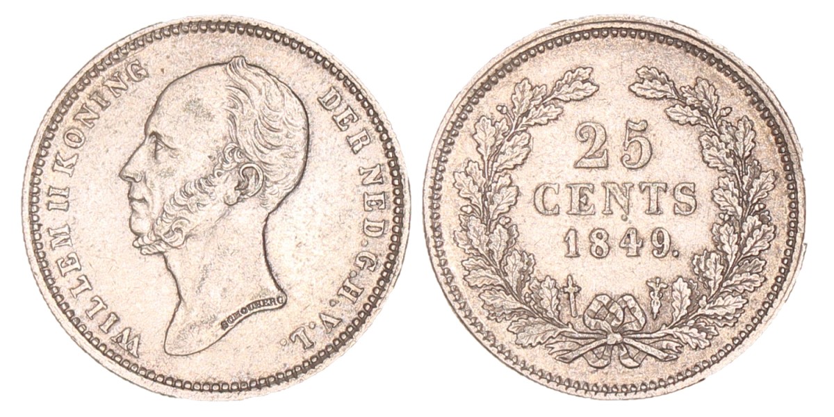 25 Cent. Willem II. 1849 met centreer punt. Zeer Fraai / Prachtig.