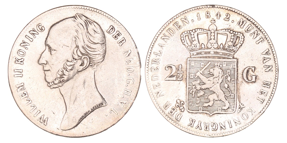 2½ Gulden. Willem II. 1842. Zeer Fraai +.