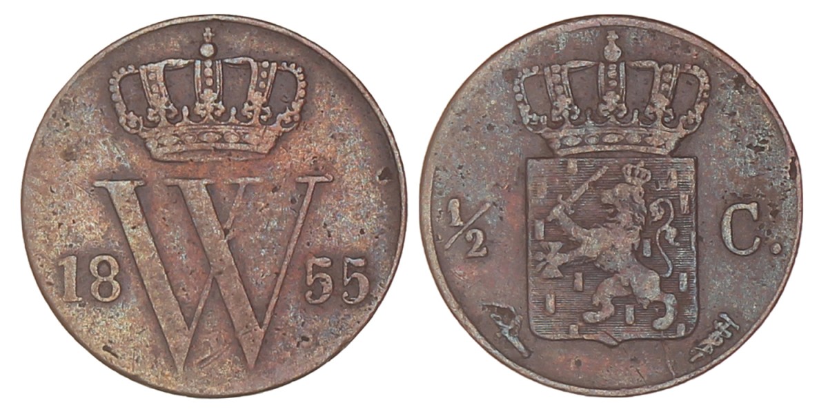 ½ Cent. Willem II. 1855. Zeer Fraai +.