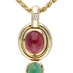 14 kt. Geelgouden collier en hanger bezet met ca. 6.40 ct. toermalijn en ca. 0.05 ct. diamant.