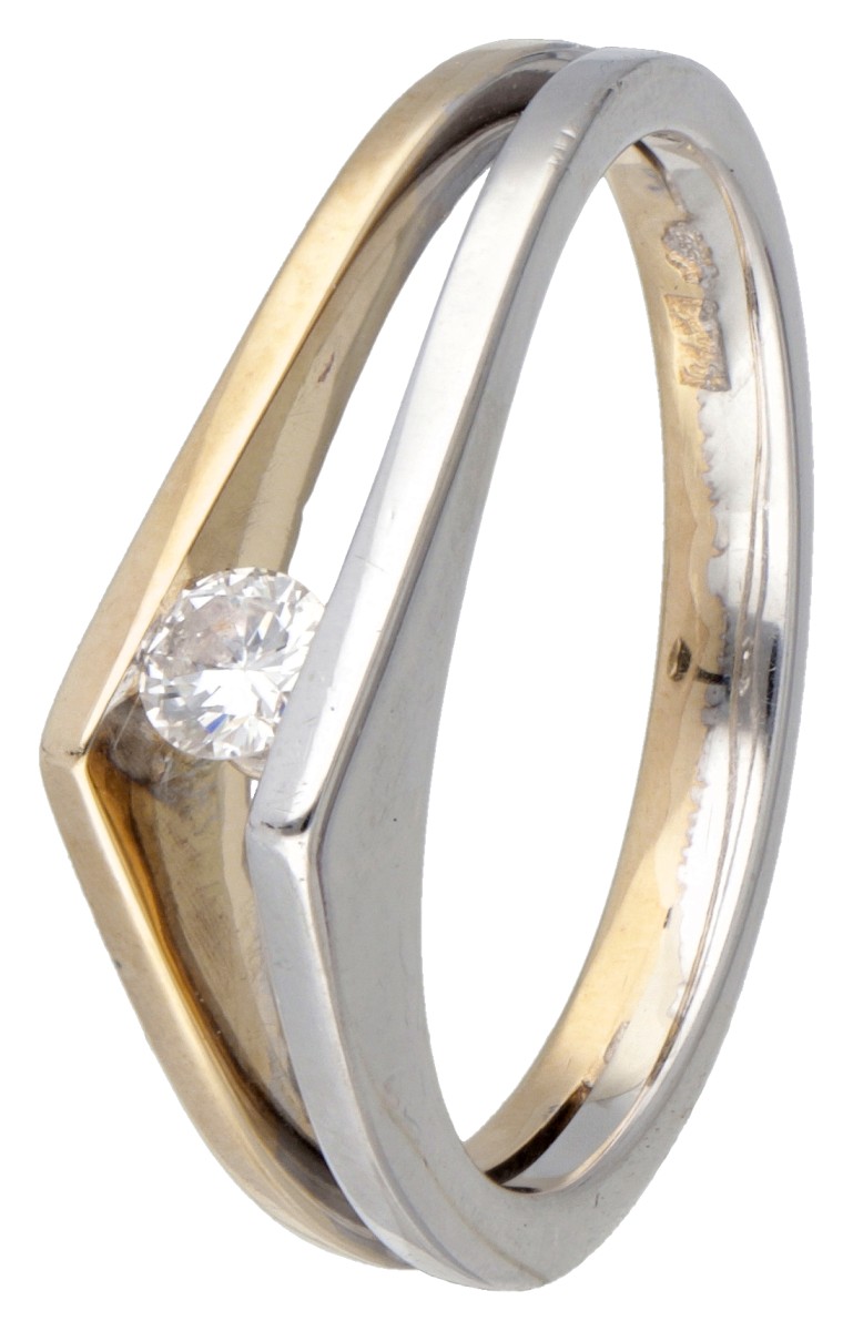 14 kt. Bicolor gouden ring bezet met ca. 0.15 ct. diamant.
