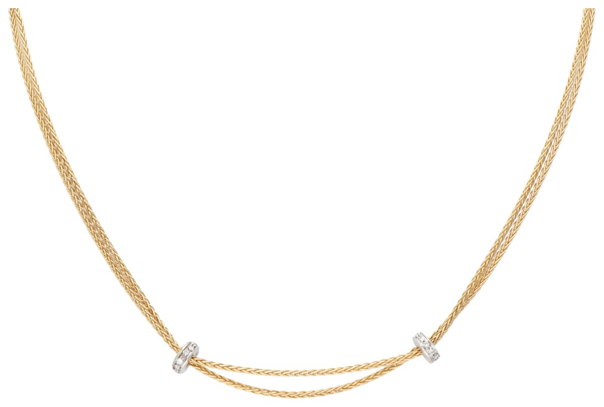 18 kt. Geelgouden Damiani collier en twee witgouden ringetjes bezet met ca. 0.13 ct. diamant.