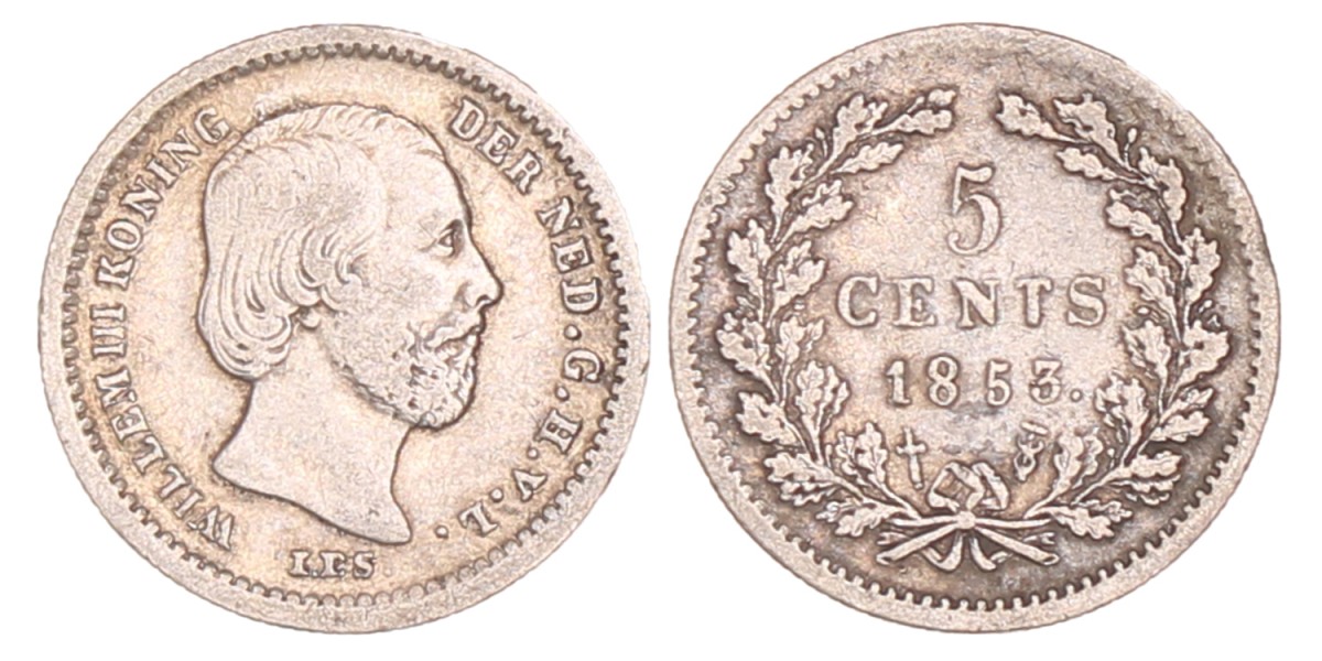 5 Cent. Willem III. 1853. Zeer Fraai.