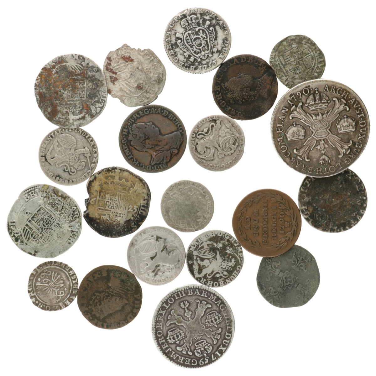 Lot (20) Koperen en zilveren munten. Zuidelijke Nederlanden. Gemiddeld Zeer Fraai.