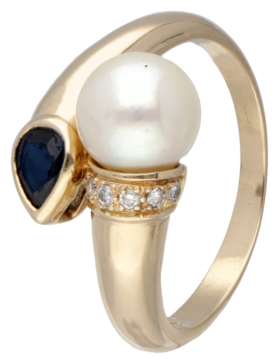 14 kt. Geelgouden ring bezet met ca. 0.27 ct. natuurlijke saffier, zoetwaterparel en diamant.