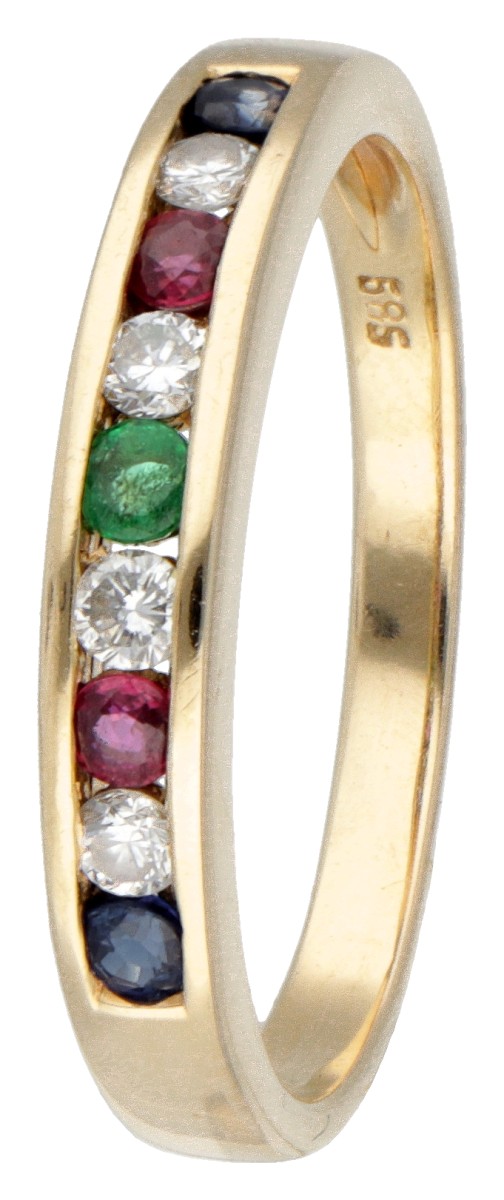 14 kt. Geelgouden alliance ring bezet met ca. 0.12 ct. diamant, robijn, saffier en smaragd.