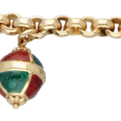 18 kt. Geelgouden schakelarmband met vijf geëmailleerde bedels.