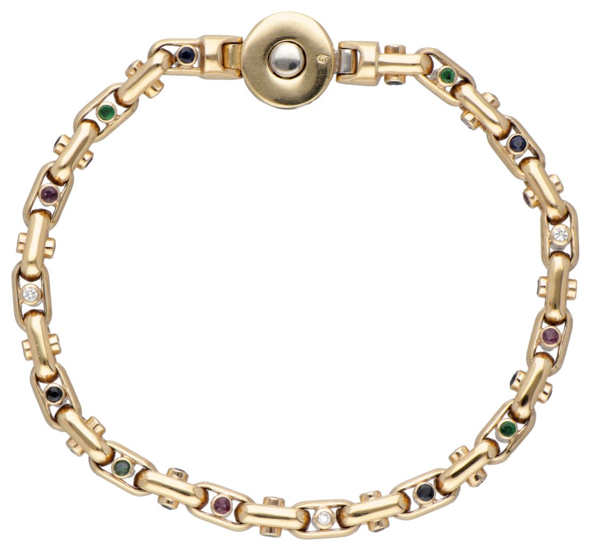 14 kt. Geelgouden armband bezet met ca. 0.28 ct. diamant en robijn, saffier en smaragd.