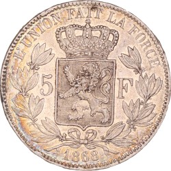 Belgium. Leopold II. 5 Francs. 1868.