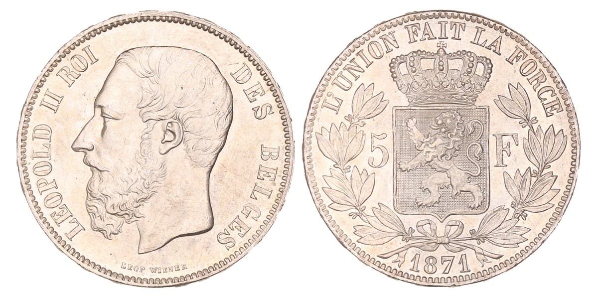 Belgium. Leopold II. 5 Francs. 1871.