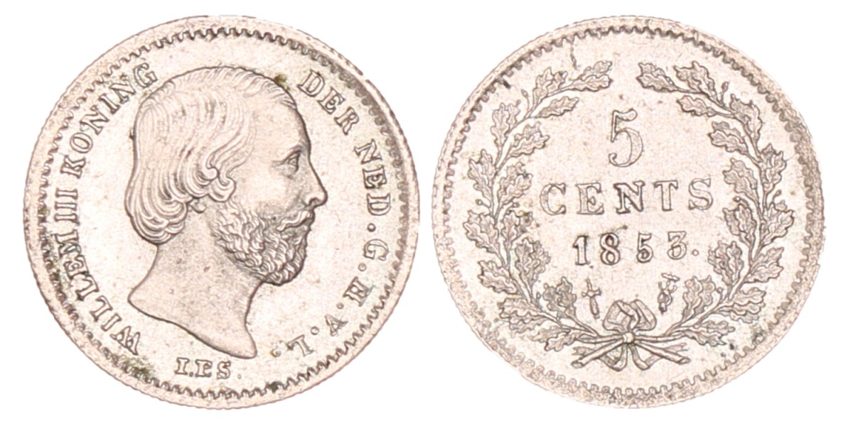 5 Cents. Willem III. 1853. Prachtig.