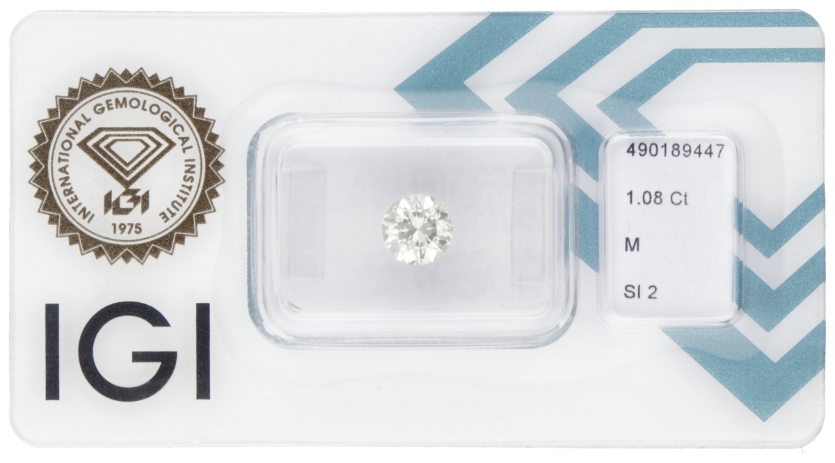 IGI-gecertificeerde  briljant geslepen natuurlijke diamant van 1.08 ct.