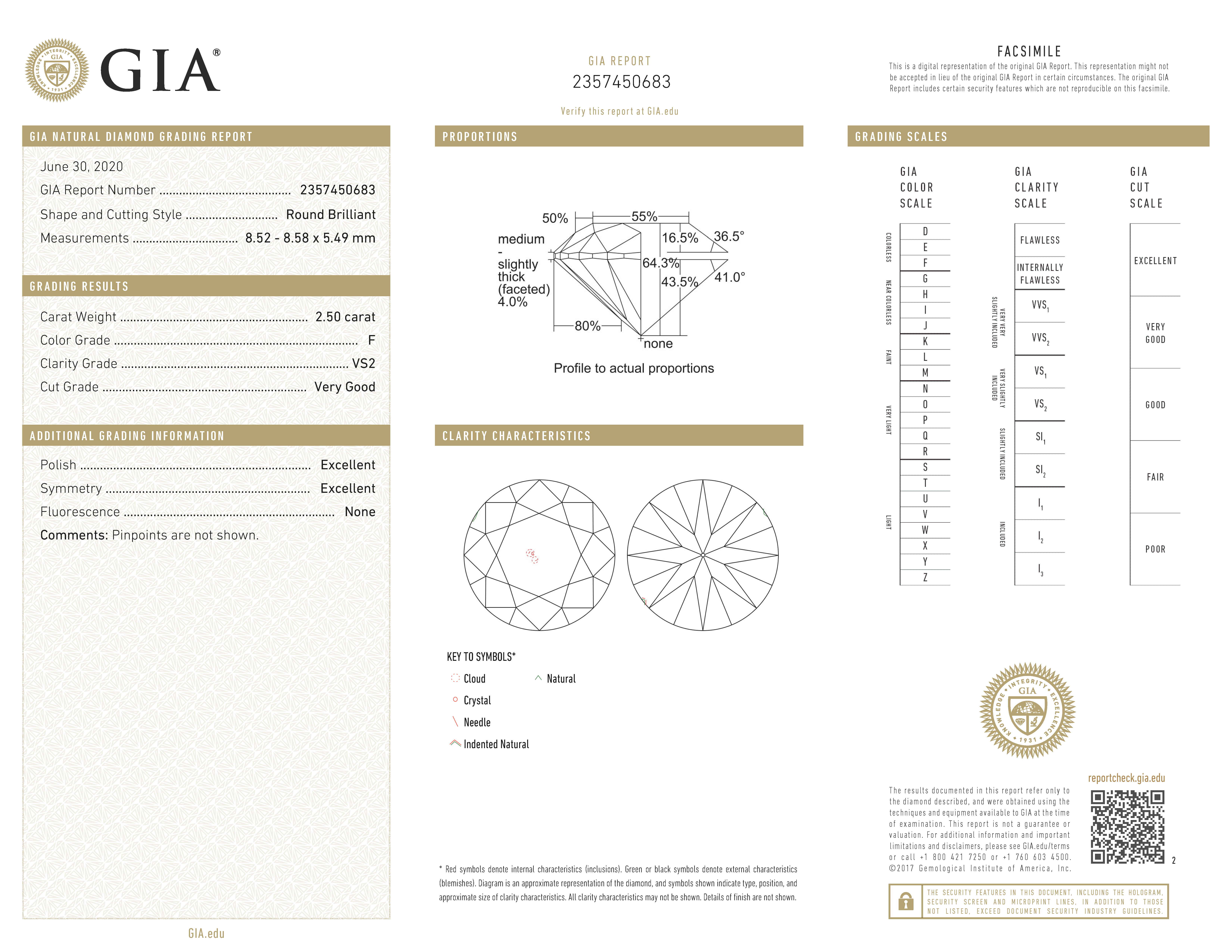 GIA-gecertificeerde briljant geslepen natuurlijke diamant van 2.50 ct.