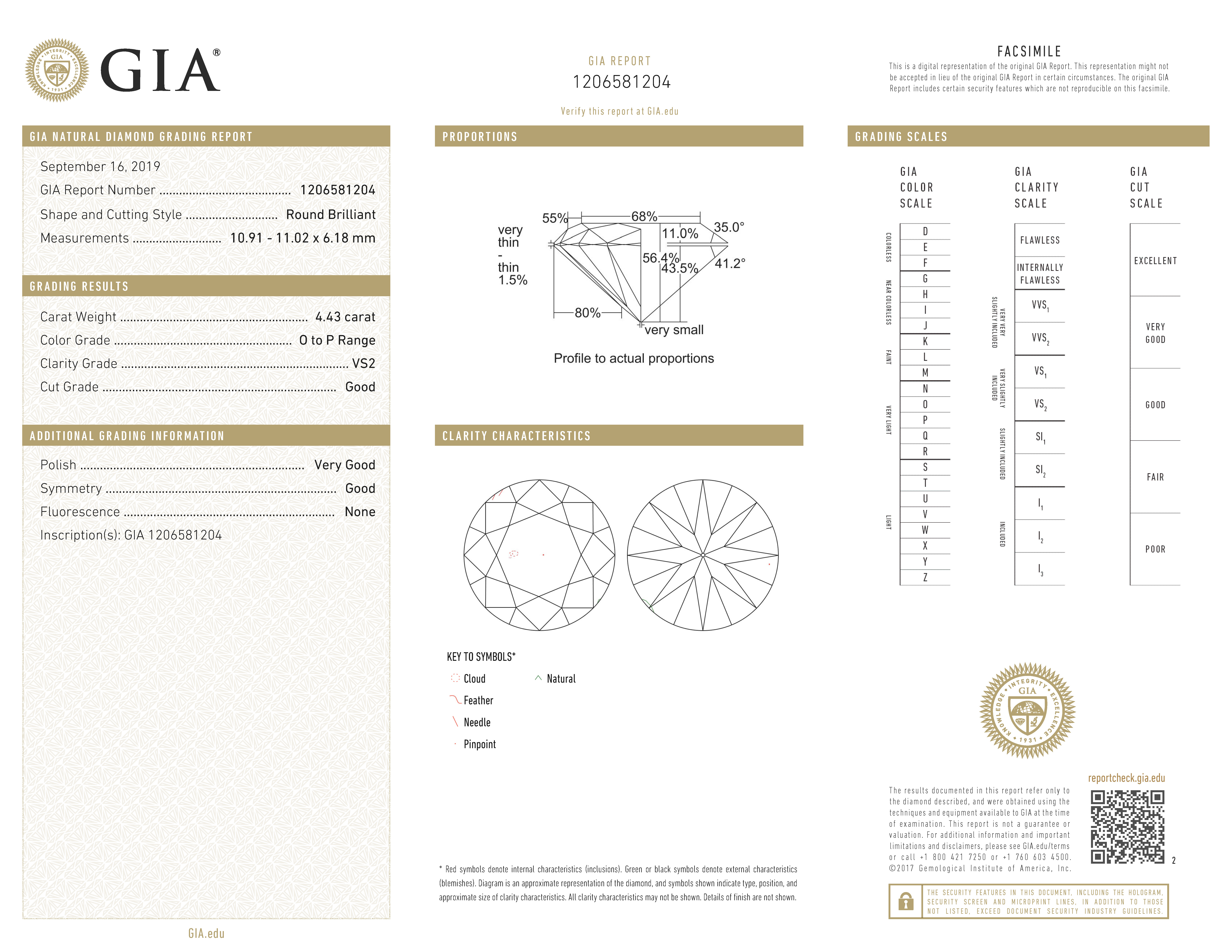 GIA-gecertificeerde briljant geslepen natuurlijke diamant van 4.43 ct.