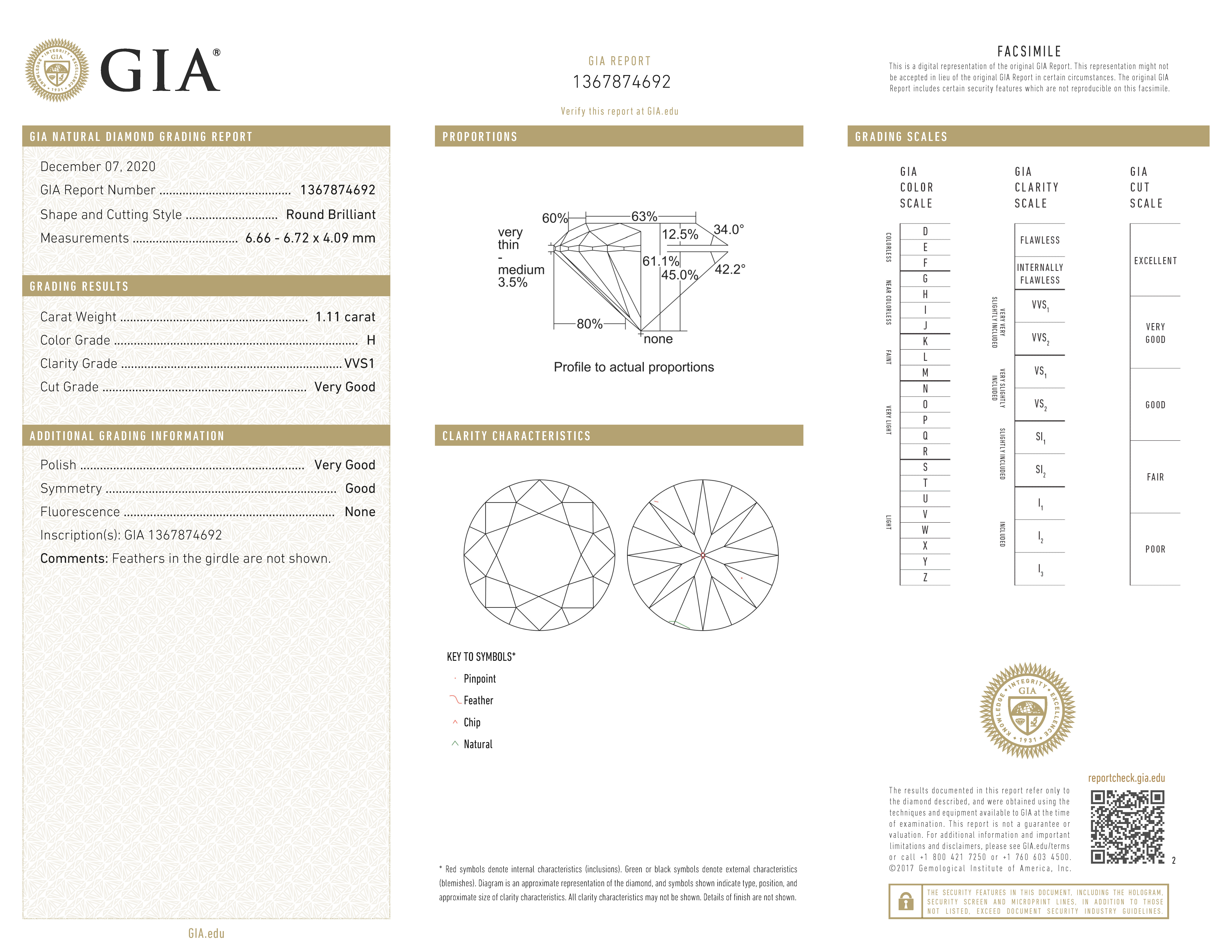 GIA-gecertificeerde briljant geslepen natuurlijke diamant van 1.11 ct.