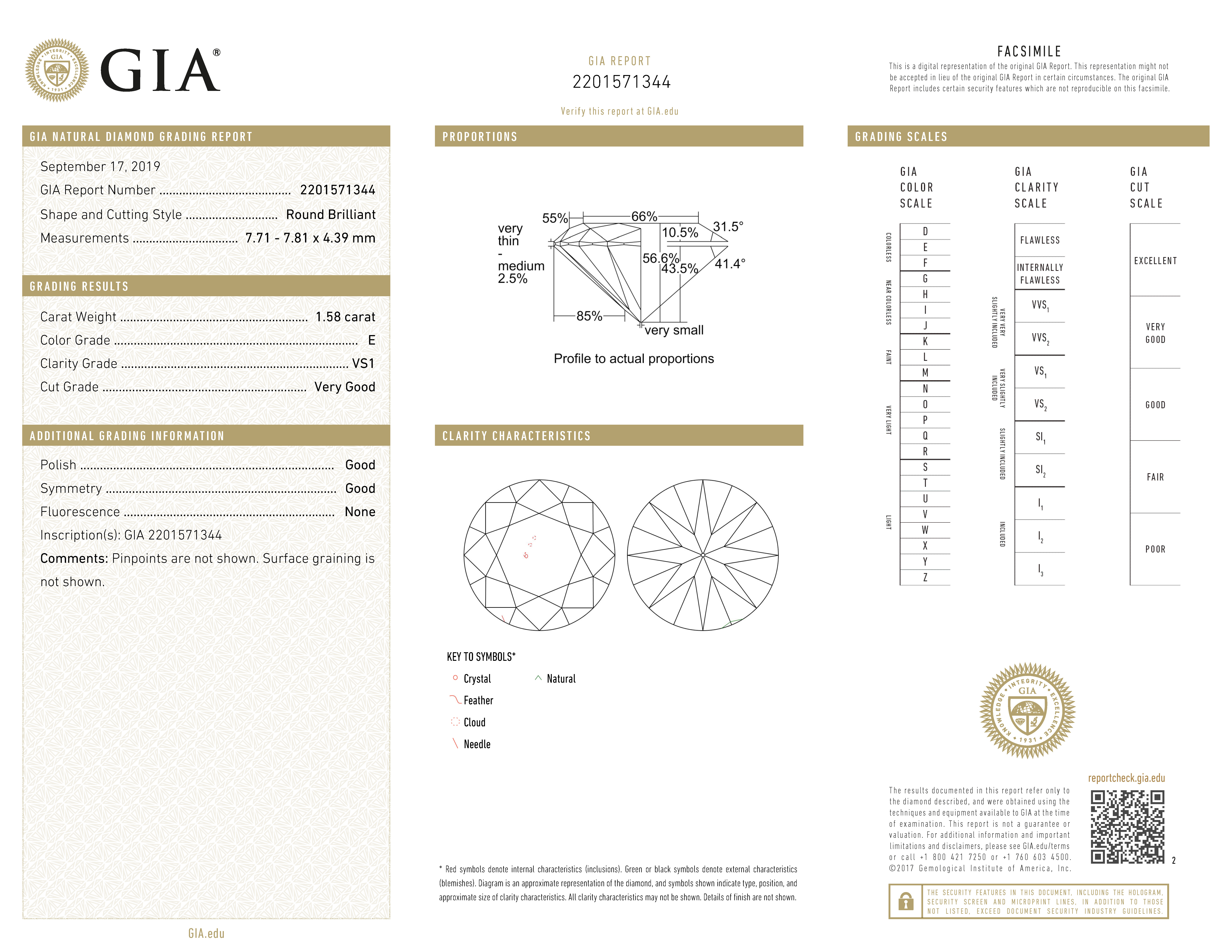 GIA-gecertificeerde briljant geslepen natuurlijke diamant van 1.58 ct.