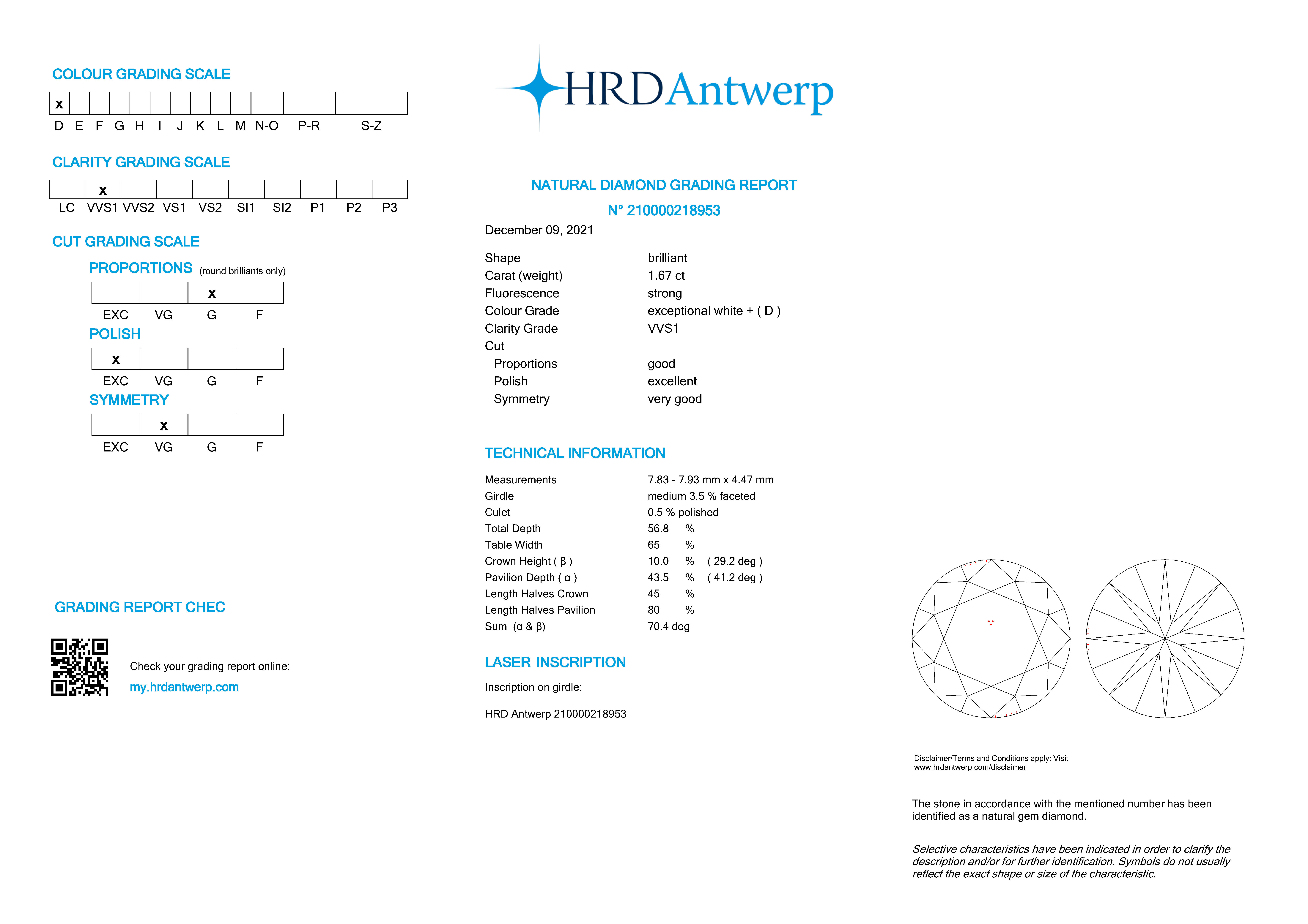 HRD-gecertificeerde briljant geslepen natuurlijke diamant van 1.67 ct.